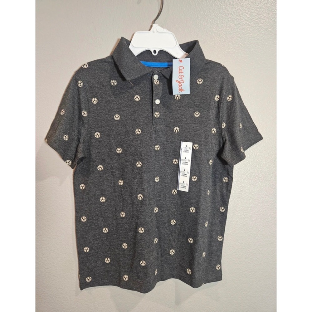 Cat & Jack Boys Charcoal Gray Soccer Ball Print Polo Shirt Size L 10/12 NWT
